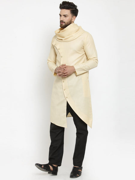 Beige Kurta With Aligarh Pajama Set in Linen For Men by Luxury at Less