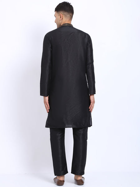 Embellished Black Brocade Kurta with Aligarh Pajama by Luxury at Less