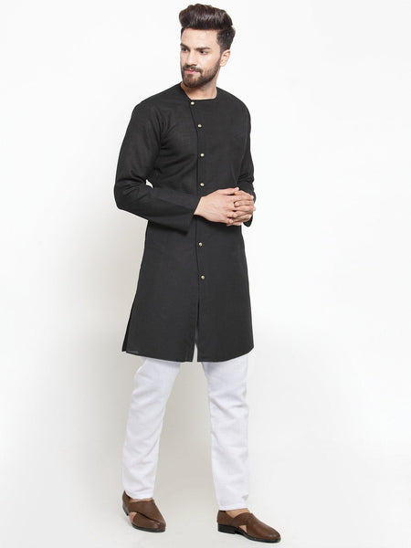 Designer Full Sleeve Black Kurta With Aligarh Pajama Set in Linen For Men by Luxury at Less