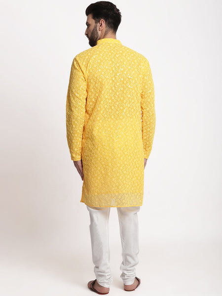 Yellow Chikankari Floral Embroidery Kurta With Churidar Pajama by Luxury at Less