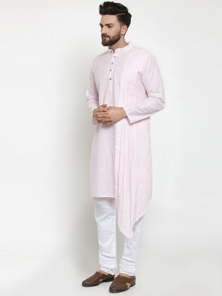 Pink Kurta With Churidar Pajama Set in Linen For Men by Luxury at Less