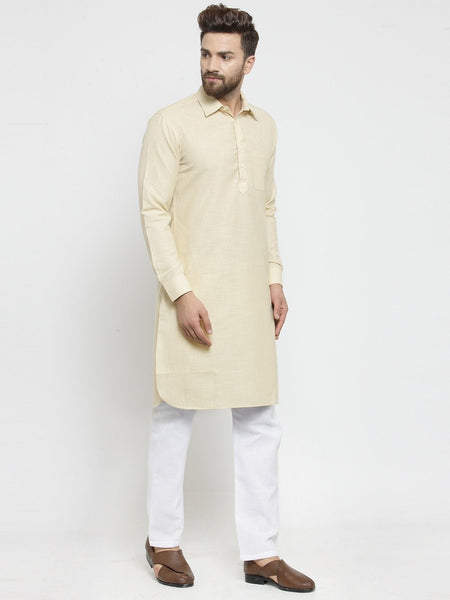 Designer Beige Pathani Lenin Kurta with White Aligarh Pajama by Luxury at Less