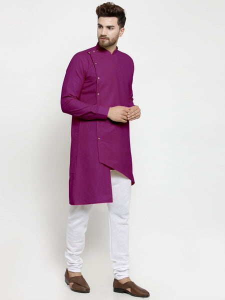 Designer Purple Linen Kurta With White Churidar Pajama For Men By Luxury at Less