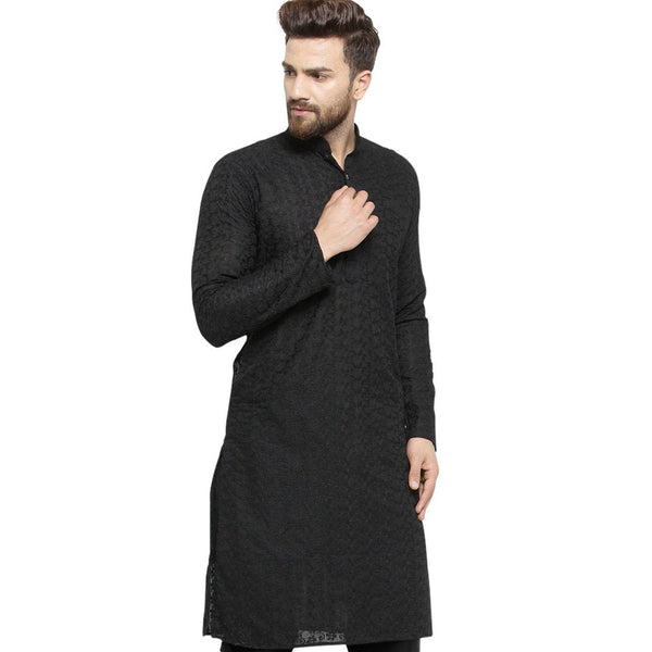 Black Cotton Chikankari Lucknowi Jaal Embroidered Kurta By Luxury at Less