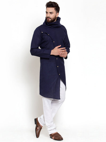 Navy Blue Kurta With Churidar Pajama Set For Men by Luxury at Less