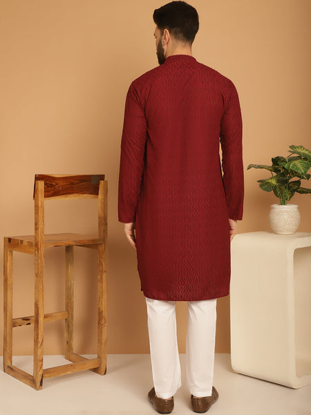 Designer Maroon Chikankari Embroidered Kurta Pajama Set by Luxury at Less