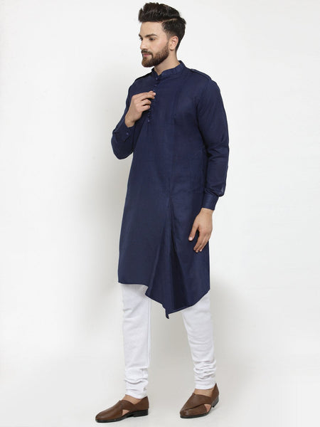 Navy Blue Kurta With Churidar Pajama Set in Linen For Men by Luxury at Less