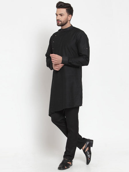 Designer Black Kurta With Aligarh Pajama Set in Linen For Men by Luxury at Less