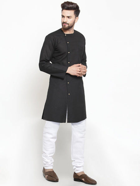 Designer Black Kurta With Churidar Pajama Set in Linen For Men by Luxury at Less