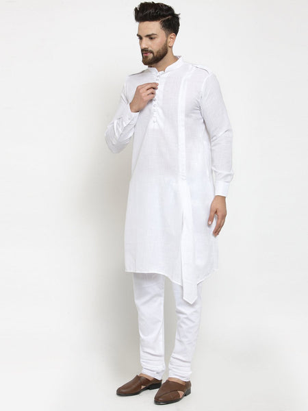 White Kurta with Churidar Pajama Set in Linen For Men by Luxury at Less