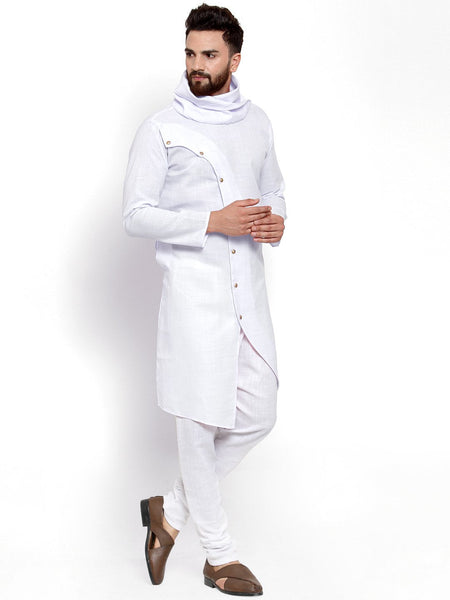 White Kurta With Churidar Pajama Set in Linen For Men by Luxury at Less