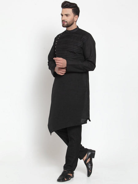 Designer Black Kurta With Aligarh Pajama Set in Linen For Men by Luxury at Less