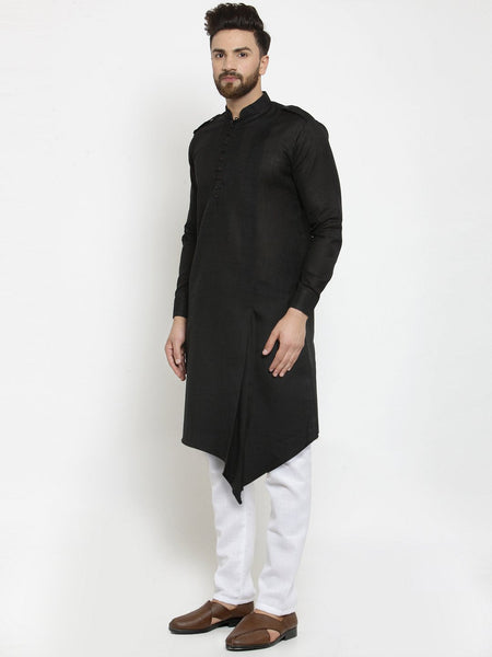 Black Kurta With Aligarh Pajama Set in Linen For Men by Luxury at Less