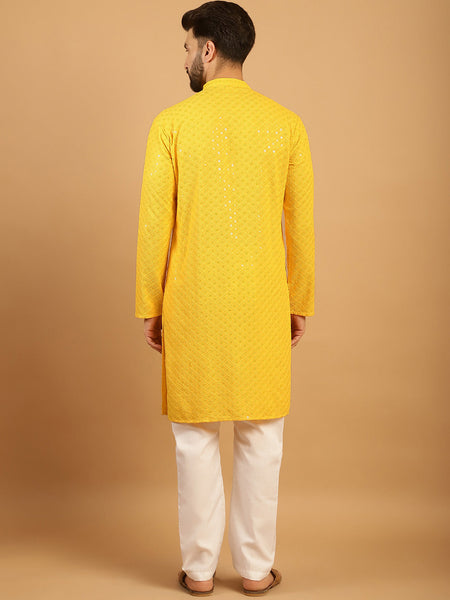 Embellished Sequinned Chikankari Embroidered Yellow Kurta Pajama Set by Luxury at Less