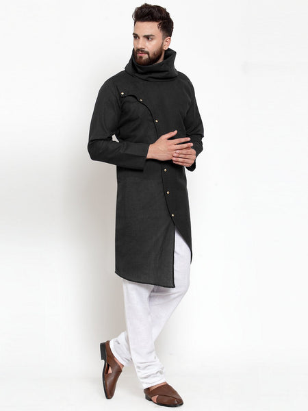 Black Kurta With Churidar Pajama Set in Linen For Men by Luxury at Less