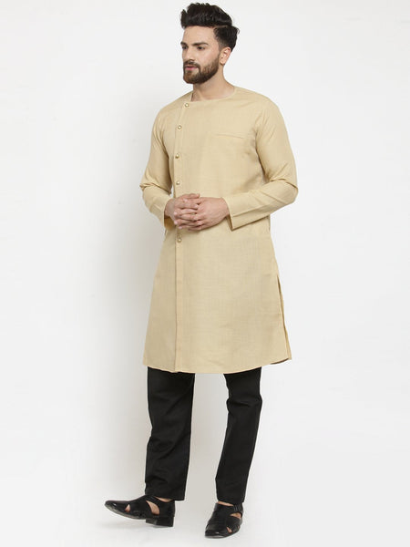 Beige Kurta With Black Aligarh Pajama Set  in Linen for men by Luxury at Less