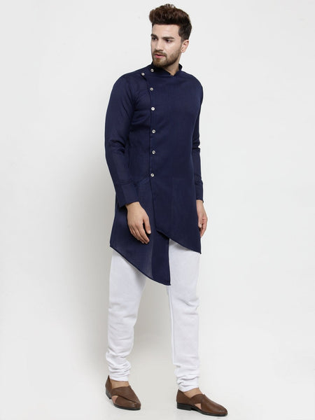 Designer Blue Linen Kurta With Chudidar Pajama For Men By Luxury at Less