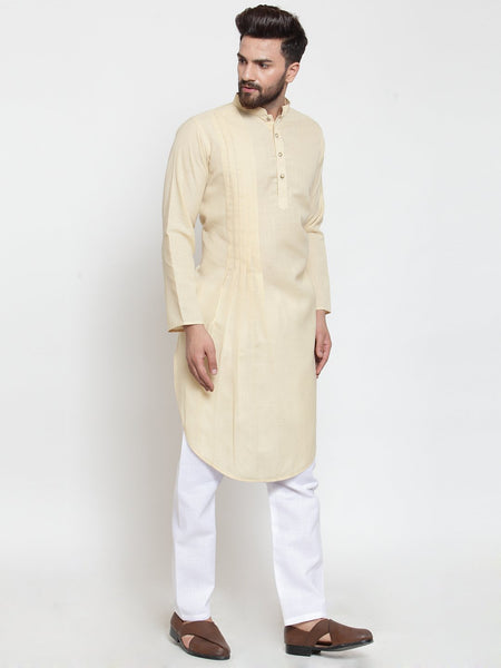 Beige Kurta With Aligarh Pajama Set in Linen For Men by Luxury at Less