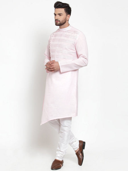 Designer Pink Kurta With Churidar Pajama in Linen For Men by Luxury at Less