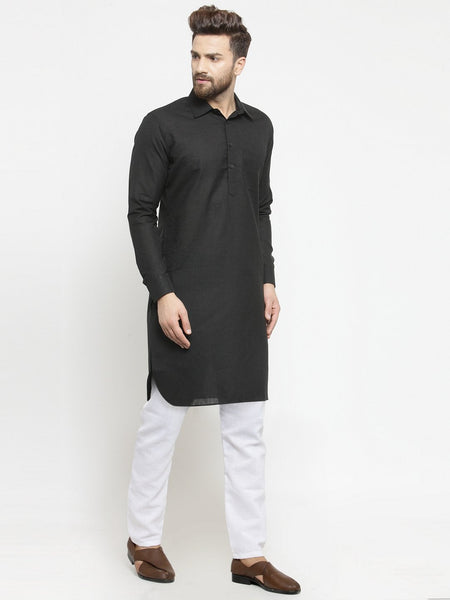 Designer Black Pathani Lenin Kurta with White Aligarh Pajama by Luxury at Less