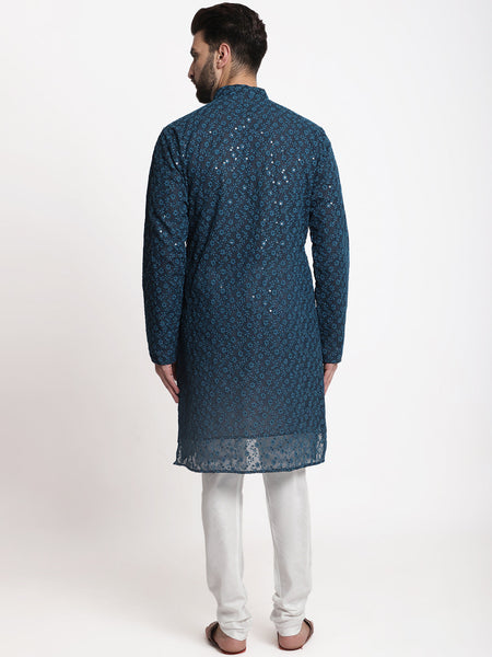 Blue Chikankari Floral Embroidery Kurta With Churidar Pajama by Luxury at Less