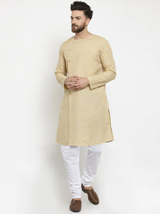 Beige Kurta  With Churidar Pajama Set in Linen For Men by Luxury at Less