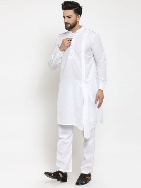 White Kurta With Aligarh Pajama Set in Linen For Men by Luxury at Less