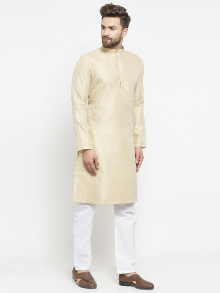 Embellished Brocade Kurta in Beige with Aligarh by Luxury at Less