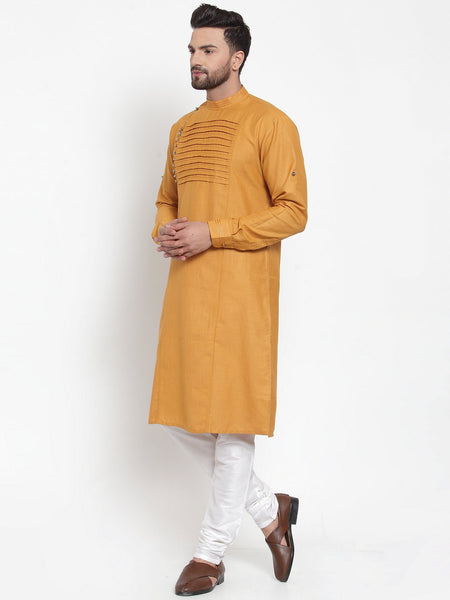 Designer Mustard Yellow Kurta Pajama Churidar Set For Men By Luxury at Less