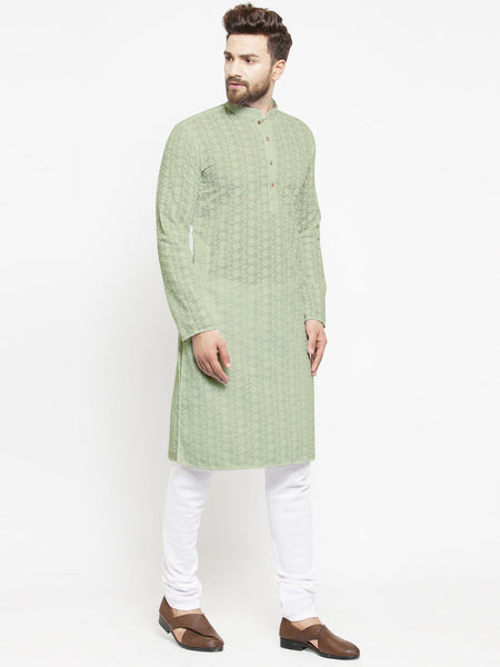 Pista Green Cotton Chikankari Lucknowi Jaal Embroidered Kurta with Churidar Pajama For Men by Luxury at Less