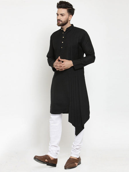 Black Kurta With Churidar Pajama Set in Linen For Men by Luxury at Less