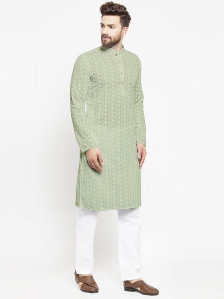 Pista Green Chikankari Lucknowi Jaal Embroidered Kurta with Aligarh Pajama by Luxury at Less