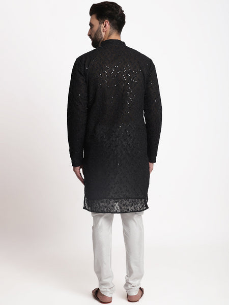 Black Chikankari Floral Embroidery Kurta With Churidar Pajama by Luxury at Less