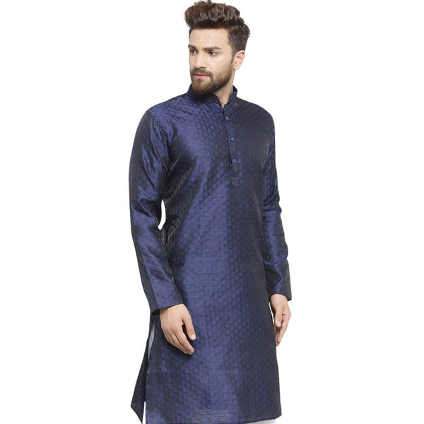 Embellished Brocade Kurta in Navy Blue By Luxury at Less