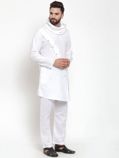 White Kurta With Aligarh Pajama in Linen For Men by Luxury at Less