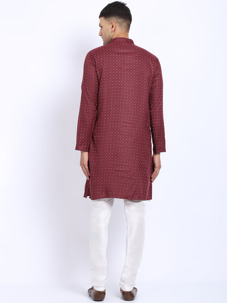 Printed Maroon Cotton Kurta with Churidar Pajama by Luxury at Less