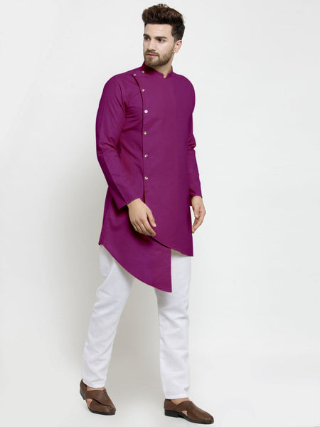 Designer Purple Linen Kurta With White Aligarh Pajama For Men By Luxury at Less