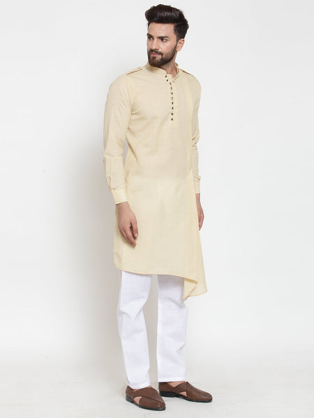 Beige Kurta With Aligarh Pajama Set in Linen For Men by Luxury at Less