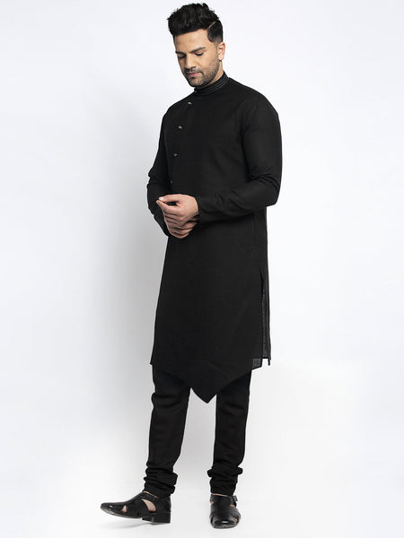 Designer Black Linen Kurta With Churidar Pajama Set For Men By Luxury at Less