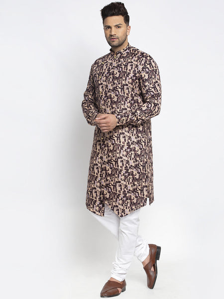 Designer Cotton Brown Block Printed Kurta With Churidar Pajama Set For Men By Luxury at Less