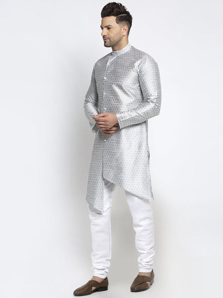 Embellished Brocade Light Grey Kurta With Churidar Pajama Set For Men By Luxury at Less