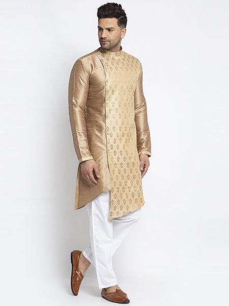 Embellished Brocade Golden Kurta With Aligarh Pajama Set For Men By Luxury at Less