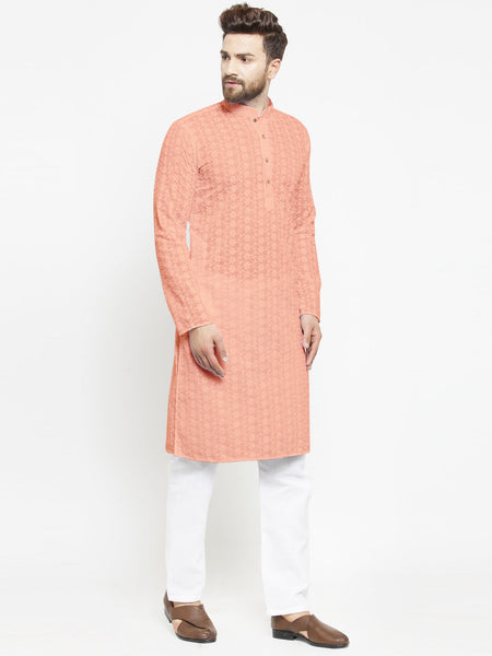 Salmon Pink Chikankari Lucknowi Jaal Embroidered Kurta with Aligarh Pajama by Luxury at Less