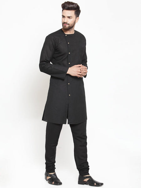 Black Kurta With Churidar Pajama Set in Linen For Men by Luxury at Less