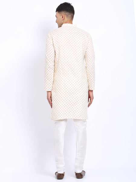 Printed Cream Cotton Kurta with Churidar Pajama by Luxury at Less