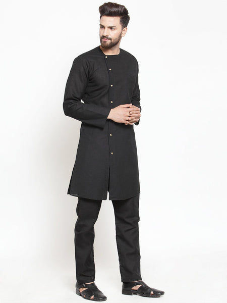 Black Kurta With Aligarh Pajama Set in Linen  For Men by Luxury at Less