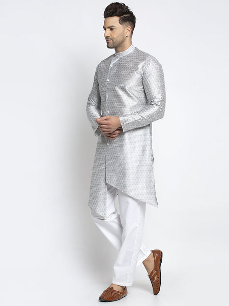 Embellished Brocade Light Grey Kurta With Aligarh Pajama Set For Men By Luxury at Less