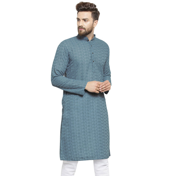 Grey Cotton Chikankari Lucknowi Jaal Embroidered Kurta By Luxury at Less