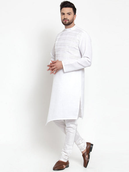 Designer White Kurta With Churidar Pajama Set in Linen For Men by Luxury at Less