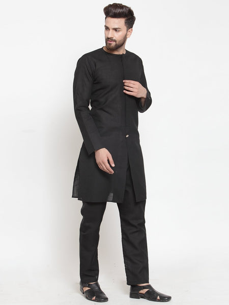 Black Kurta With Aligarh Pajama Set in Linen For Men by Luxury at Less